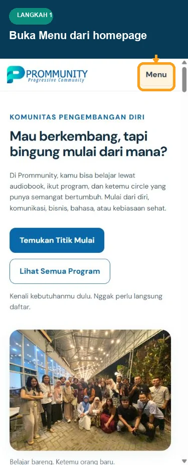 Homepage Prommunity mobile dengan tombol Menu disorot