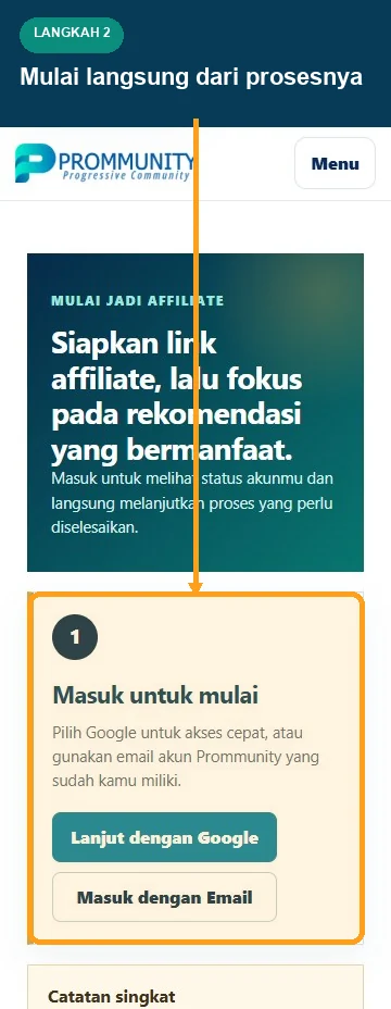 Halaman mulai Affiliate Prommunity mobile dengan proses masuk disorot