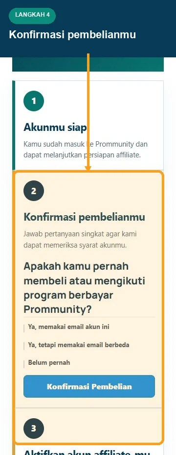 Onboarding Affiliate Prommunity mobile pada tahap verifikasi pembelian