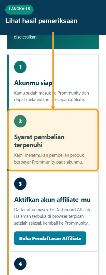 Status pembelian terverifikasi pada onboarding Affiliate Prommunity mobile