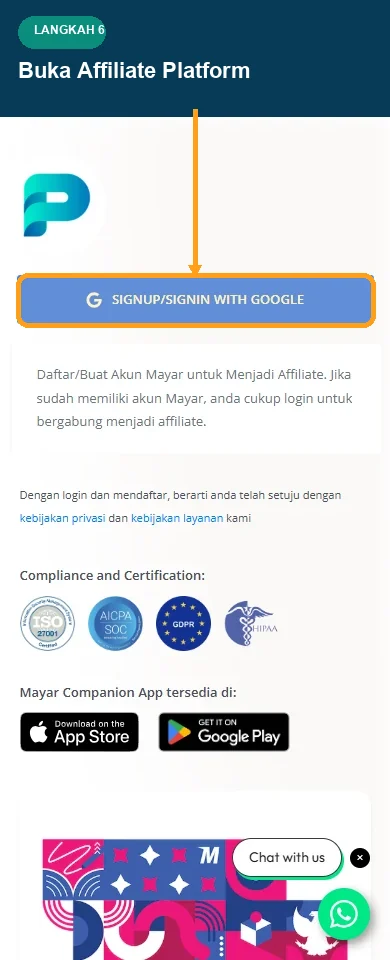 Halaman pendaftaran Affiliate Platform mobile dengan tombol login disorot