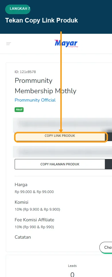 Detail produk Affiliate Platform mobile dengan tombol Copy Link Produk disorot