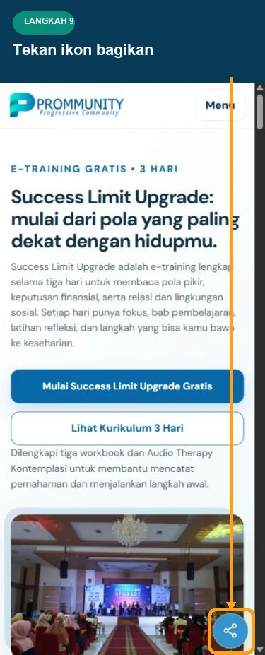 Halaman publik Prommunity mobile dengan ikon bagikan disorot