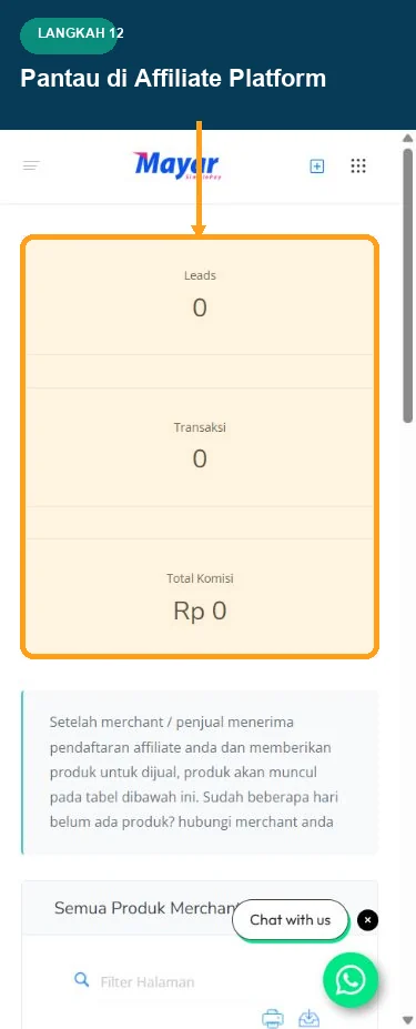 Dashboard Affiliate Platform mobile dengan ringkasan Leads Transaksi dan Total Komisi